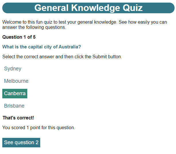 A question page open in a browser showing the scoring functionality.