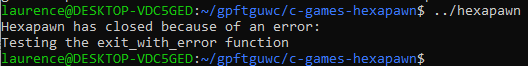 Output from the Hexapawn program showing how the exit_with_error function works.