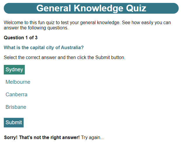 A question displayed in a browser showing the state after answering incorrectly.