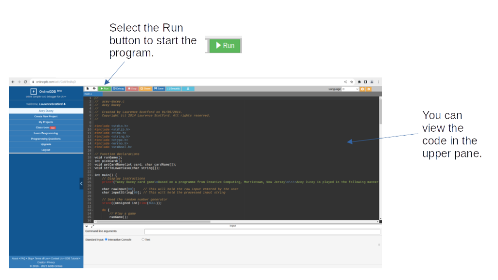 A screenshot of Acey Ducey in OblineGDB with instructions to select the Run button in the top bar to start the program and that you can view the code in the upper pane.