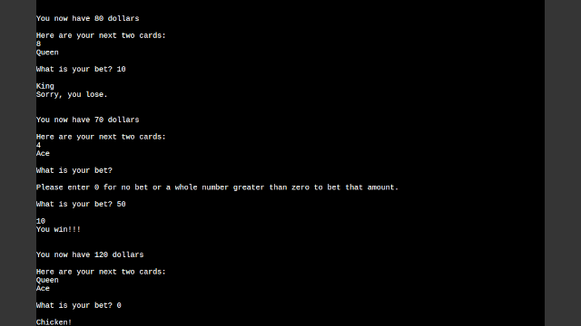 Screenshot of Acey Ducey - a C command line program.