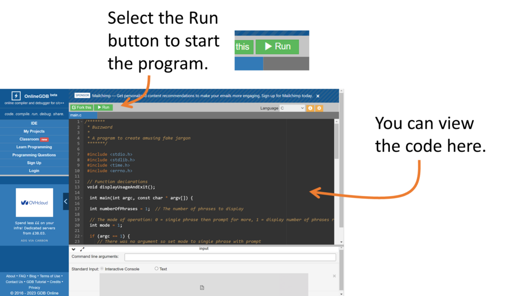 Instructions and screenshot for OnlineGDB showing that the code can be viewed in the upper pane and run using the Run button at the top middle of the screen.