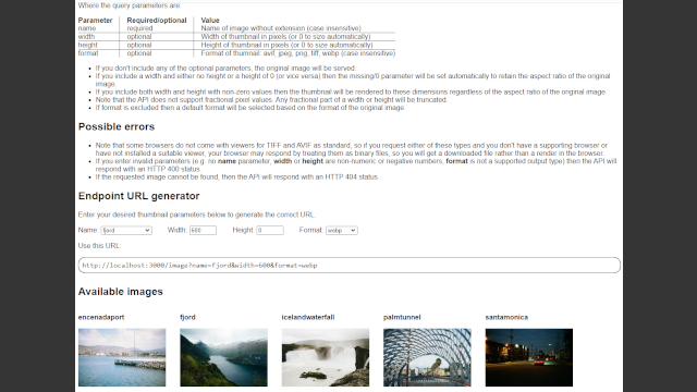 |Screenshot of home page for an image resizing web API.