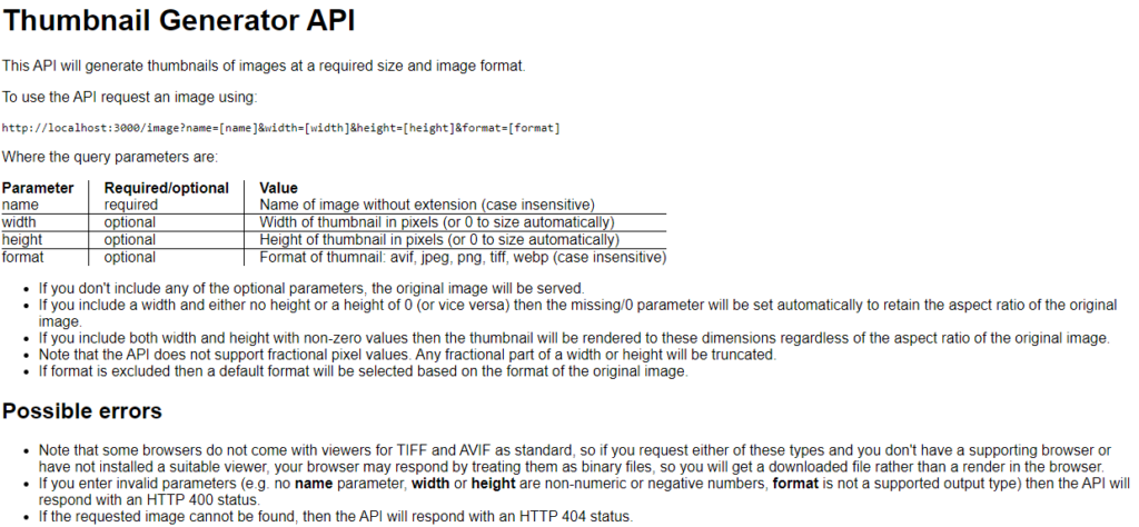 Instructions for the thumbnail generator API.