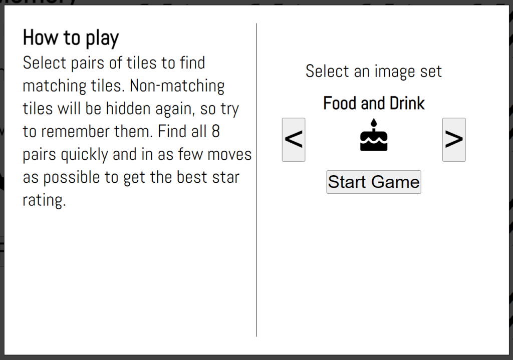 The start screen from the memory game, where the player selects a tile set.
