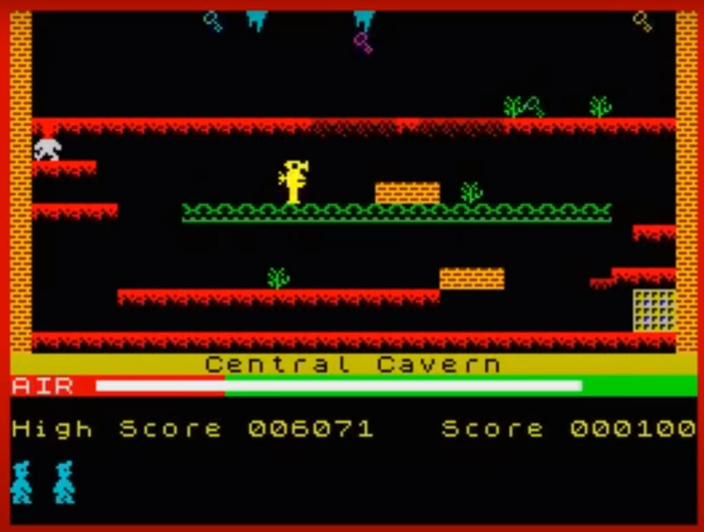 A screenshot from the original ZX Spectrum Manic Miner showing attribute clash on the player character.