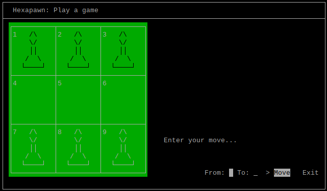 A screenshot of Hexapawn showing the form for entering a player move.