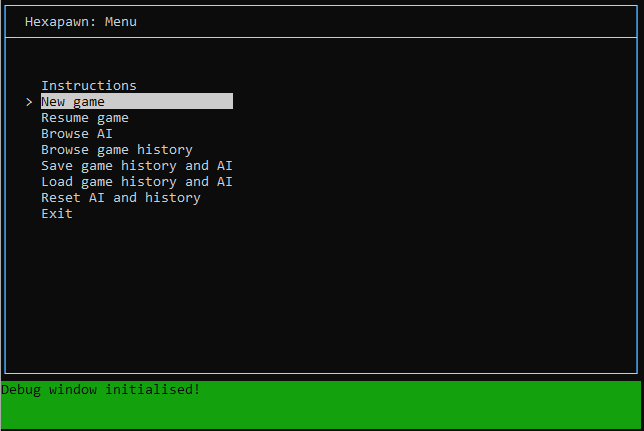 A screenshot of Hexapawn showing the green debug window with an initial message: "Debug window initialised!".