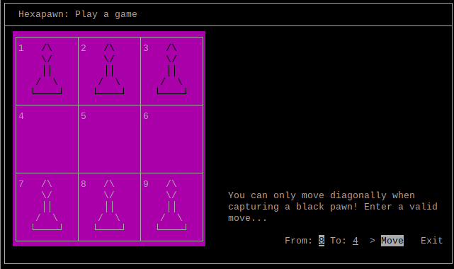 Screenshot from Hexapawn showing an example of a message about an invalid move.