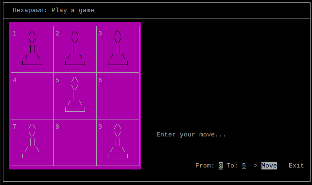 A screenshot from Hexapawn showing the board updated after the player has entered a valid move.